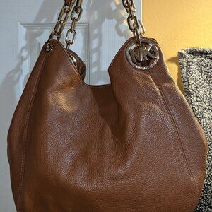 MICHAEL KORS FULTON SHOULDER HANDBAG BROWN CARAMEL LEATHER GOLD HARDWARE